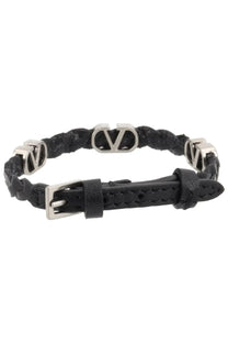 Valentino men’s black braided leather bracelet with silver-tone vlogo hardware and matching buckle