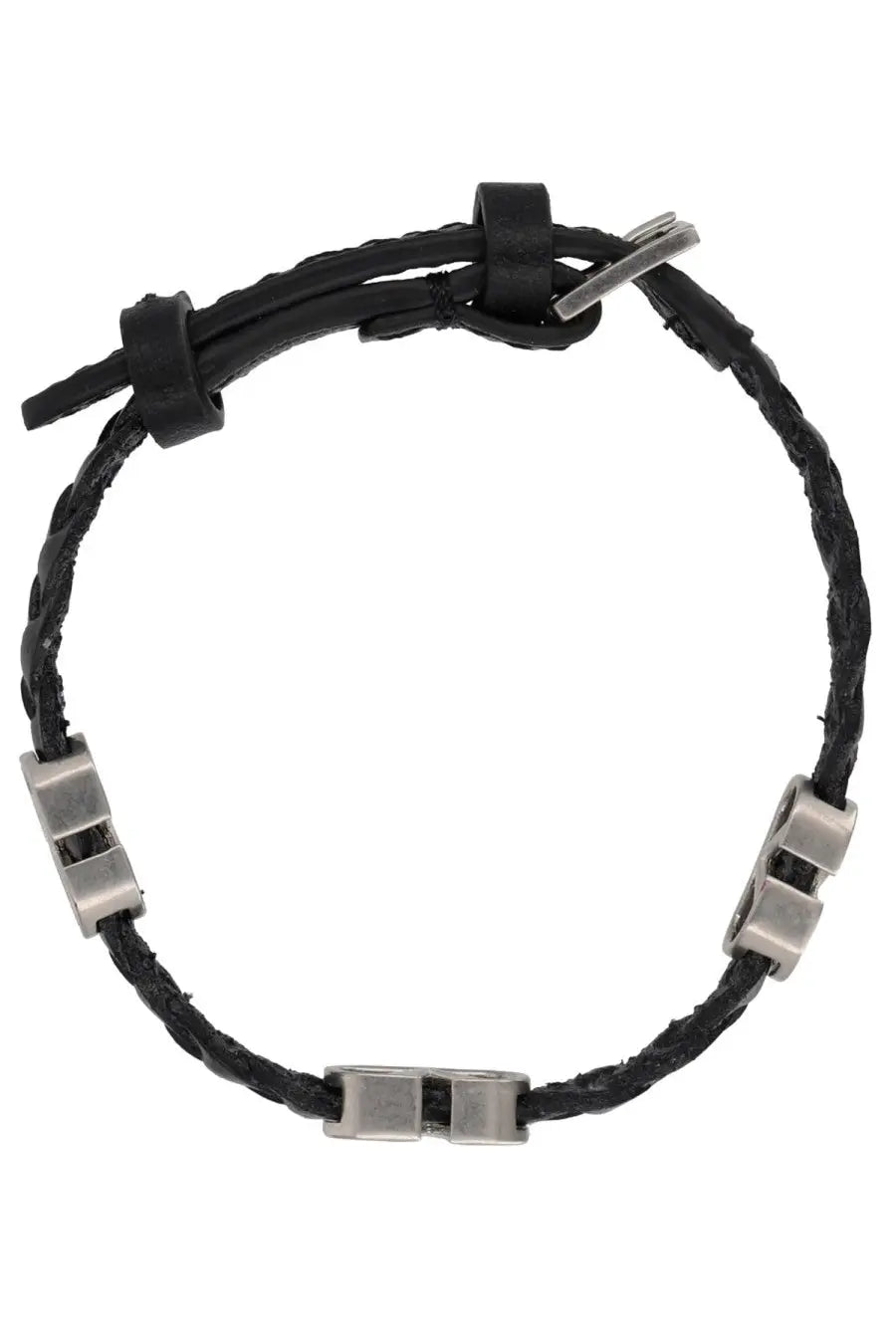 Valentino men’s bracciale vlogo signature black braided leather bracelet with silver-toned rectangular metal accents and clasp