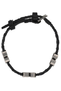 Valentino men’s bracciale vlogo signature black braided leather bracelet with silver-toned rectangular metal accents and clasp