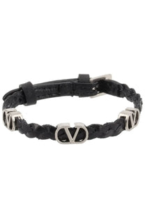 Valentino men’s bracciale vlogo signature black braided leather bracelet with silver-tone vlogo hardware