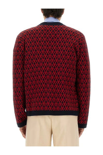Valentino men’s cardigan red with red and black geometric knit pattern and ribbed navy cuffs collar and hem