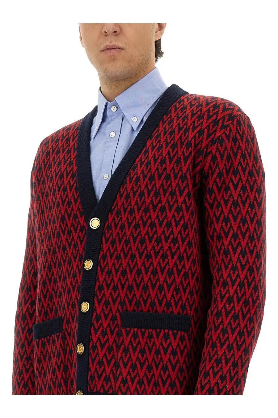 Valentino men’s red and black herringbone cardigan with navy trim and gold buttons for stylish layering