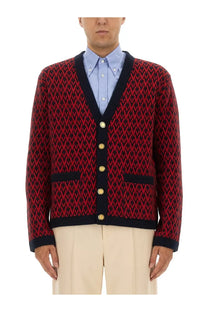 Valentino men’s red and black herringbone cardigan with navy trim and gold buttons, perfect for stylish layering