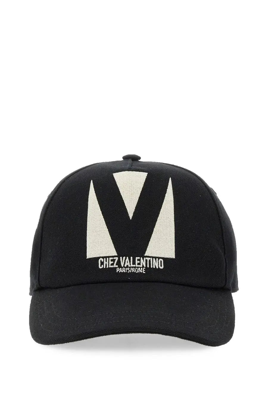 Valentino men’s black cotton baseball cap with bold white embroidered m logo and chez valentino paris rome text