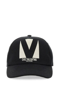 Valentino men’s black cotton baseball cap with bold white embroidered m logo and chez valentino paris rome text