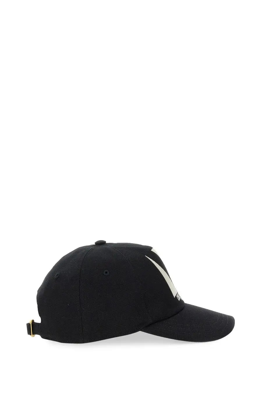 Valentino men’s chez valentino black baseball cap with white side logo and gold adjustable strap shown from back