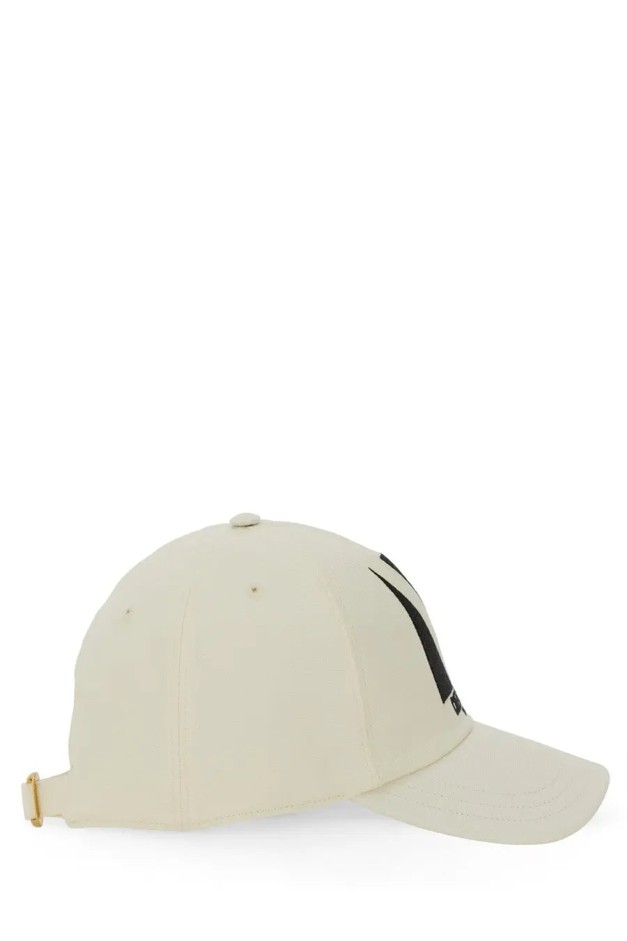 Beige valentino men’s chez valentino embroidered baseball cap with black logo on side and gold adjustable strap at back