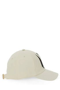 Beige valentino men’s chez valentino embroidered baseball cap with black logo on side and gold adjustable strap at back