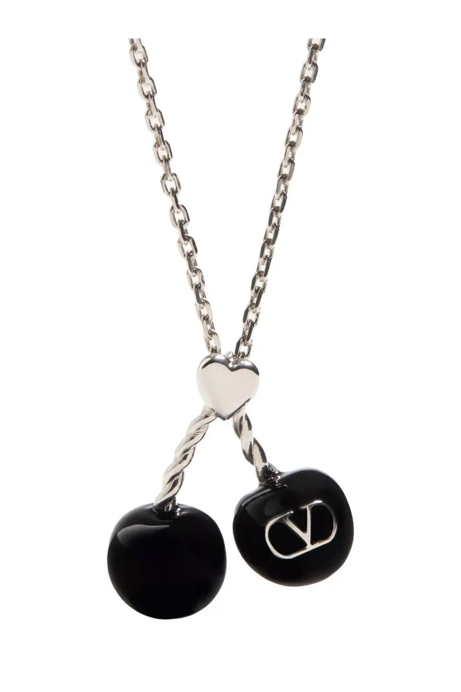 Silver chain necklace featuring heart-shaped clasp and black enamel cherry pendants engraved with valentino logo