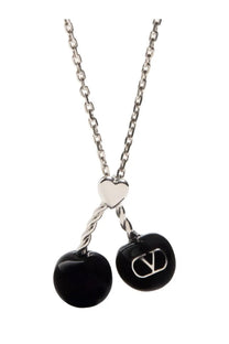 Silver chain necklace featuring heart-shaped clasp and black enamel cherry pendants engraved with valentino logo