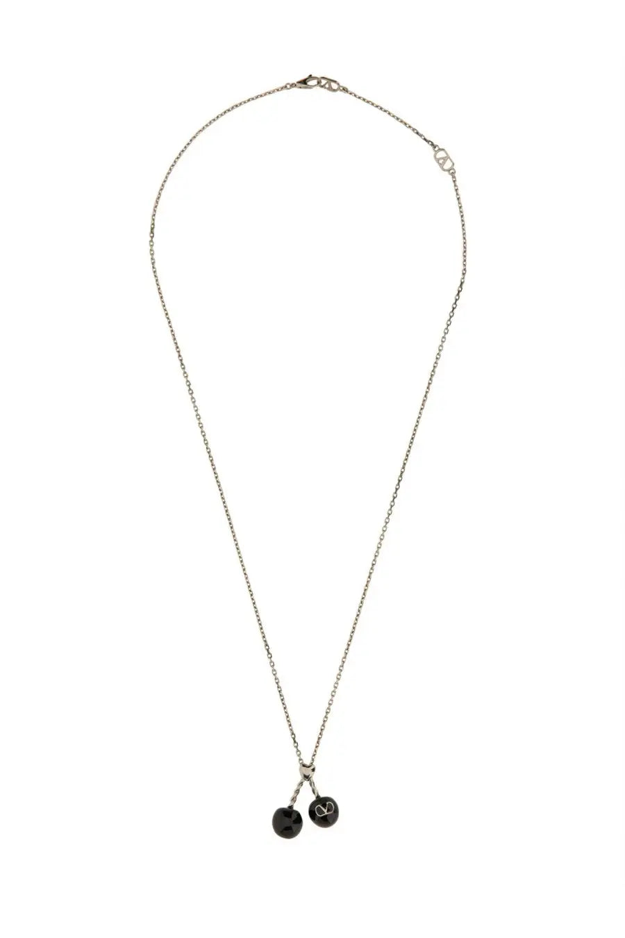 Silver chain necklace with two black glossy cherry pendants and subtle heart engraving by valentino men’s chez valentino