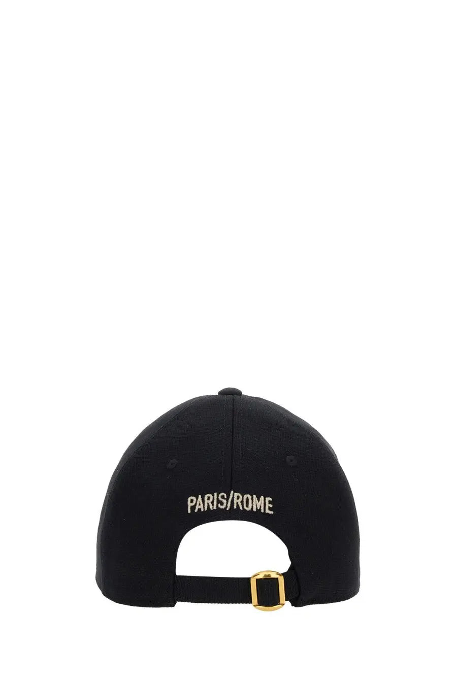 Valentino men’s chez valentine black baseball hat with paris rome gold embroidery and gold-tone adjustable buckle back view
