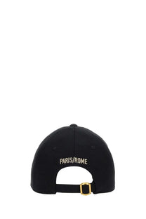 Valentino men’s chez valentine black baseball hat with paris rome gold embroidery and gold-tone adjustable buckle back view