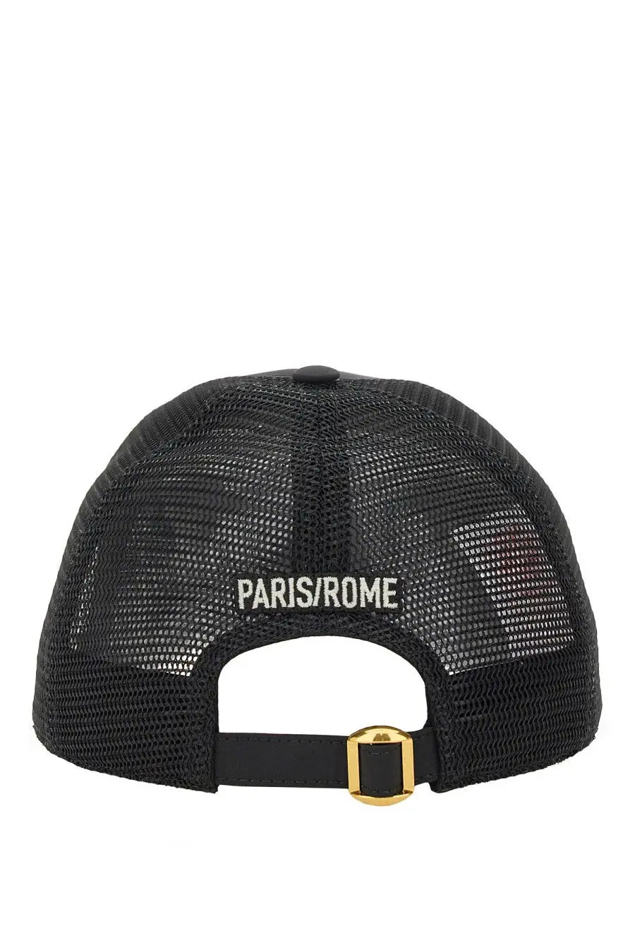 Valentino men’s black mesh trucker hat with paris rome embroidery and gold-tone buckle on adjustable strap back view