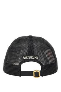 Valentino men’s black mesh trucker hat with paris rome embroidery and gold-tone buckle on adjustable strap back view
