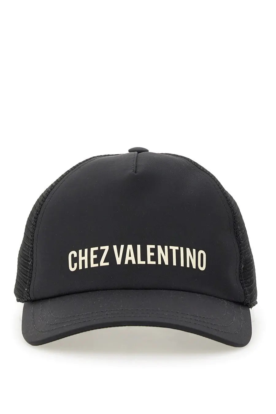 Valentino men’s black mesh trucker hat with cream chez valentino embroidery on the front panel