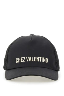 Valentino men’s black mesh trucker hat with cream chez valentino embroidery on the front panel