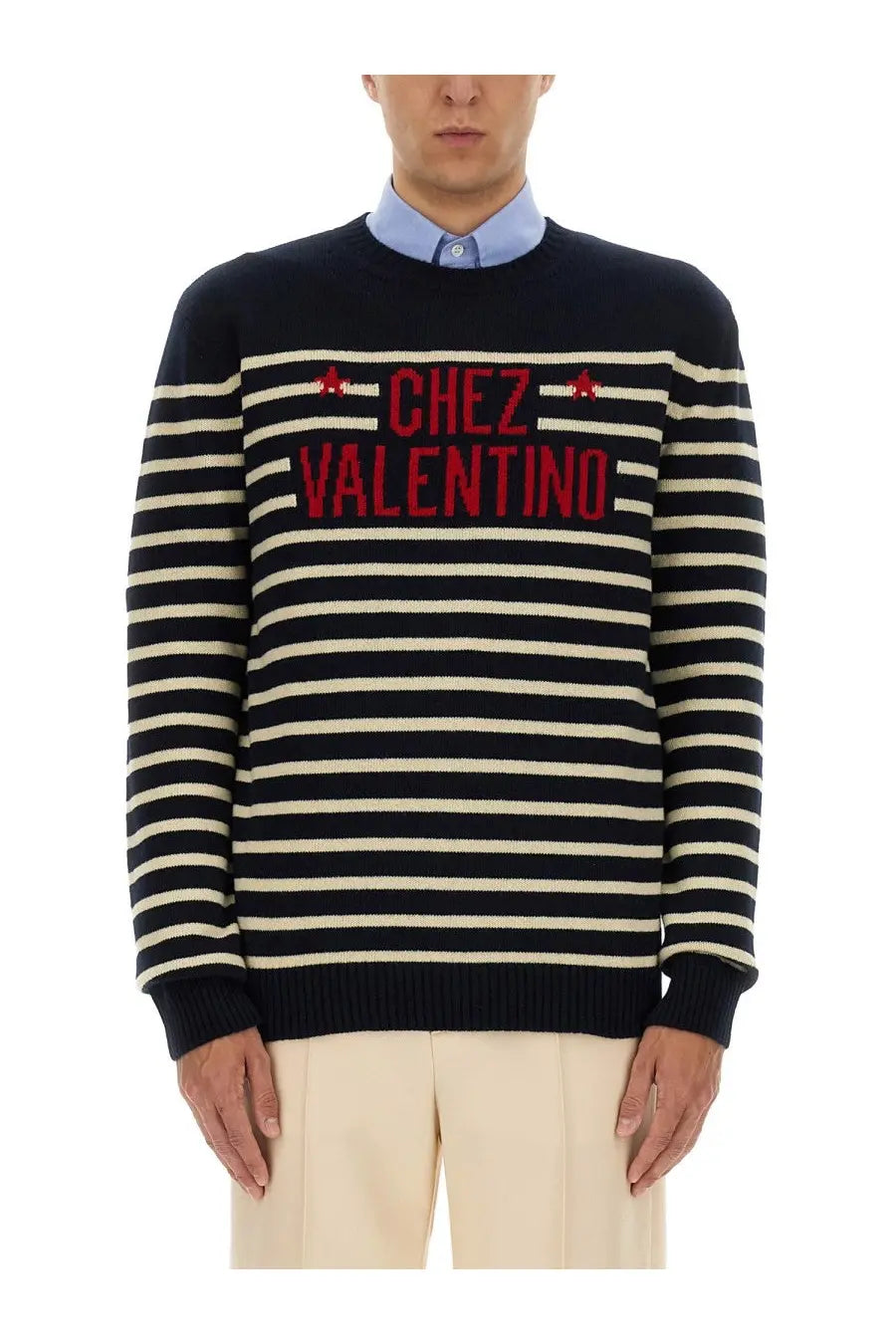 Valentino men’s wool sweater in black and cream stripes with red chez valentino embroidery and star details