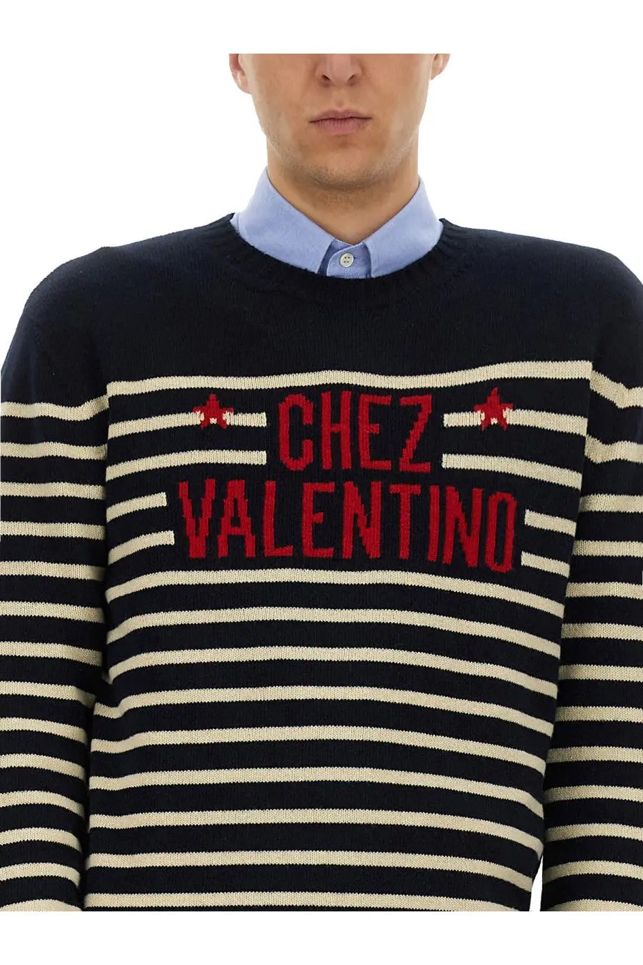 Valentino men’s wool sweater in black and cream stripes with red chez valentino lettering and star motifs