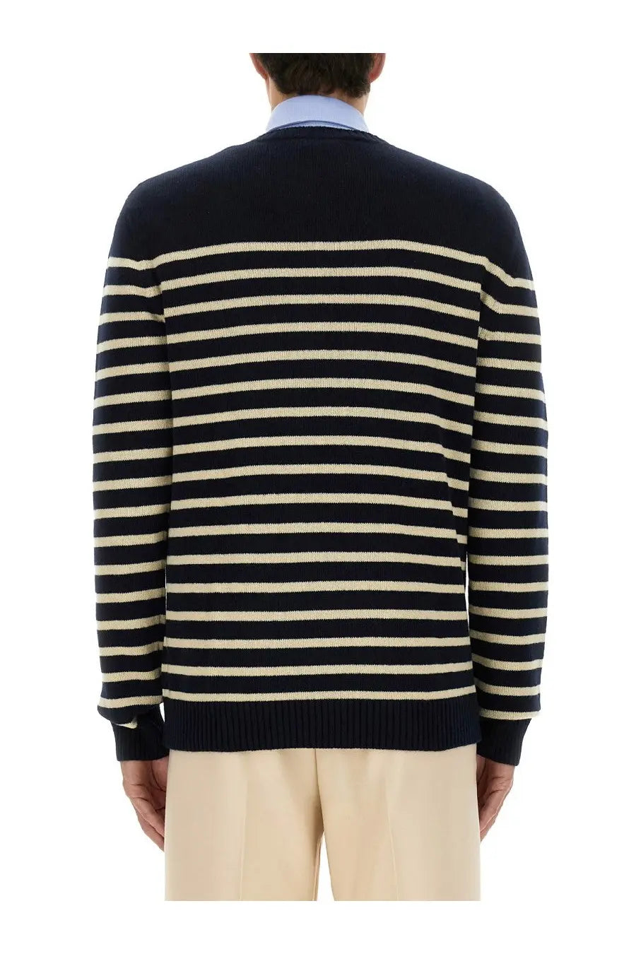 Navy blue and cream striped knit wool sweater for men by valentino named chez valentine in blue