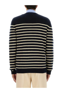 Navy blue and cream striped knit wool sweater for men by valentino named chez valentine in blue
