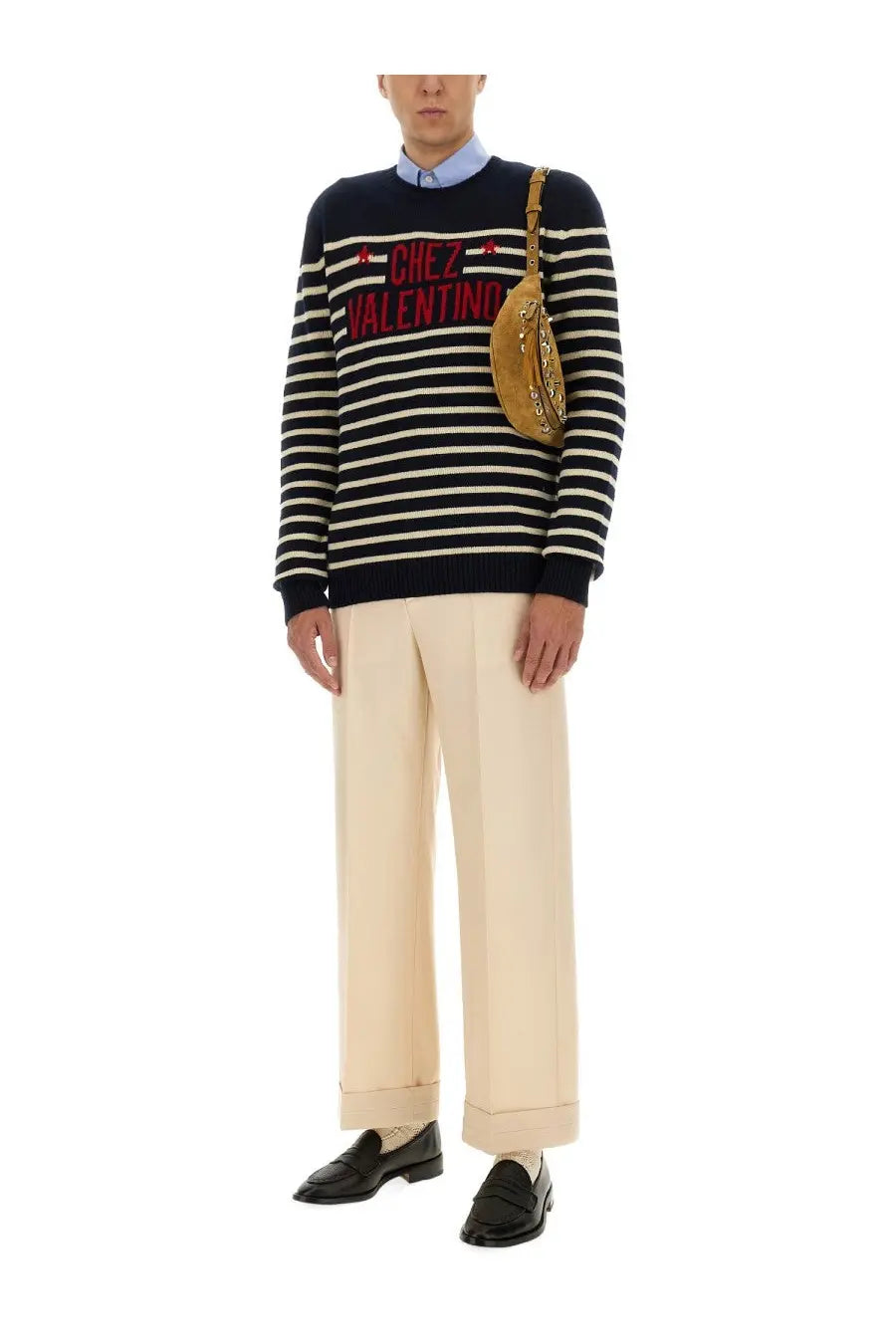 Valentino men’s wool sweater in navy and white stripes with red embroidered chez valentino text on the chest