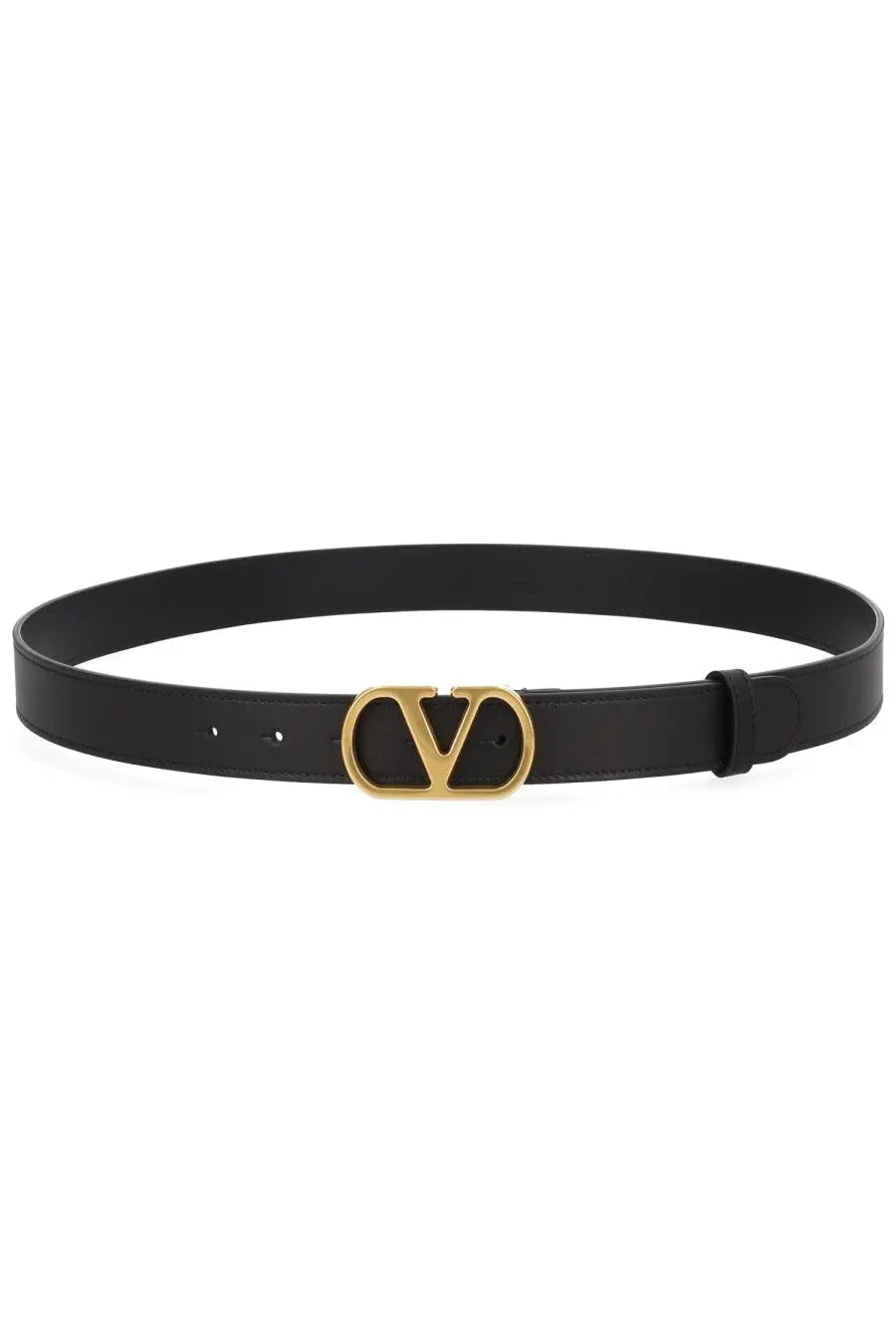 Valentino men’s cintura vlogo signature black leather belt with gold-tone vlogo buckle front view
