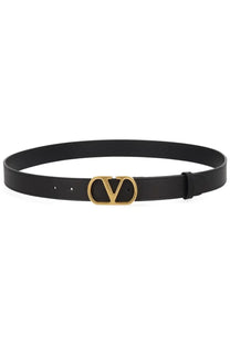 Valentino men’s cintura vlogo signature black leather belt with gold-tone vlogo buckle front view