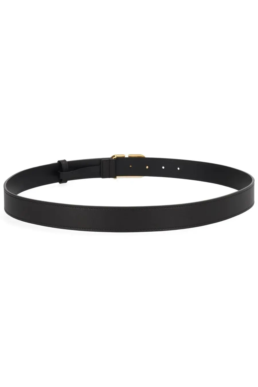 Valentino men’s cintura Vlogo signature black leather belt with gold-tone buckle showing front detail