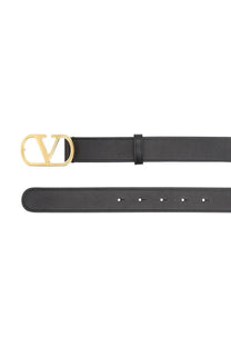 Valentino men’s cintura vlogo signature black leather belt with gold tone vlogo buckle front view