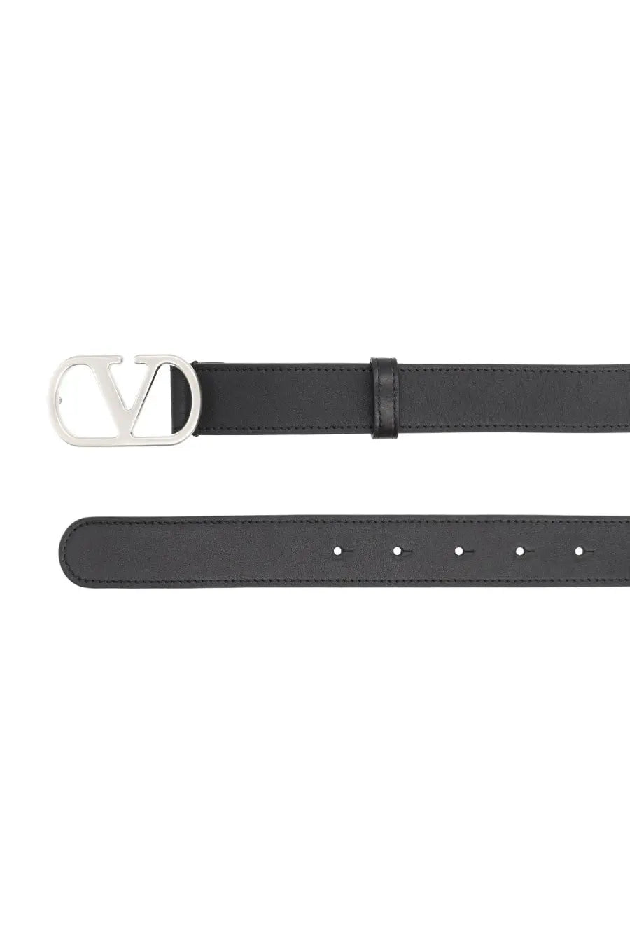 Valentino men’s cintura vlogo signature black leather belt with silver-toned vlogo buckle front view