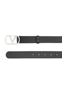Valentino men’s cintura vlogo signature black leather belt with silver-toned vlogo buckle front view