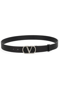Valentino men’s black leather belt with a silver-toned vlogo signature buckle for stylish wear