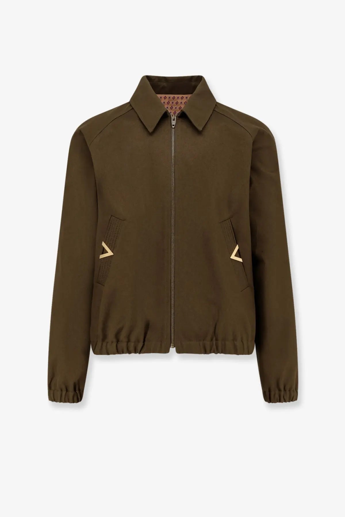 Valentino men’s olive green cotton bomber jacket with gold triangle pocket accents and patterned inner lining