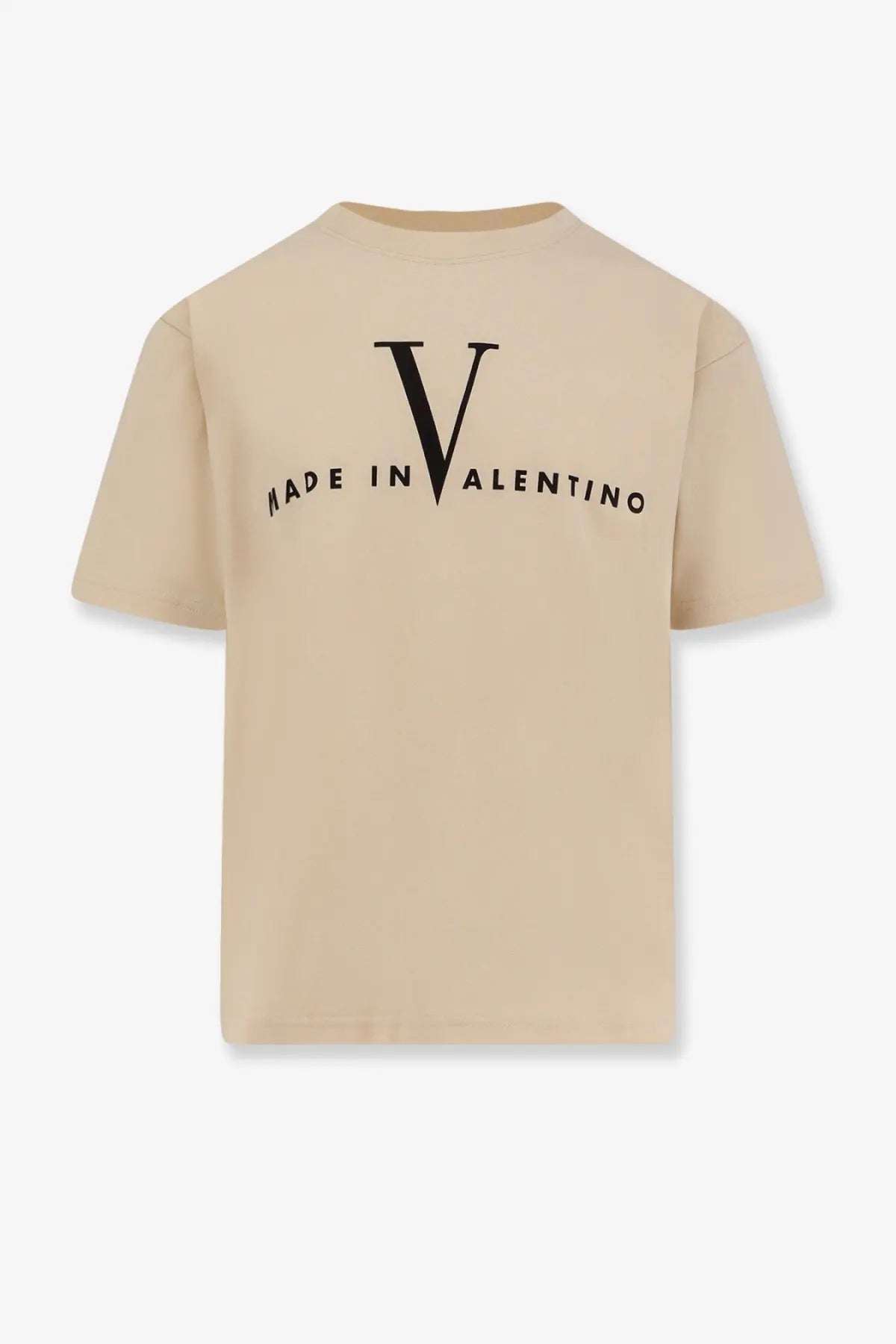 Beige short-sleeved cotton t-shirt with black made in Valentino logo for men from Valentino men’s cotton shirt black collection