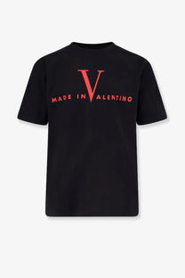 Valentino men’s black cotton short-sleeved t-shirt with bold red v logo and made in valentino text on chest