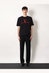 Valentino men’s black cotton t-shirt with bold red v logo and made in valentin text on the chest