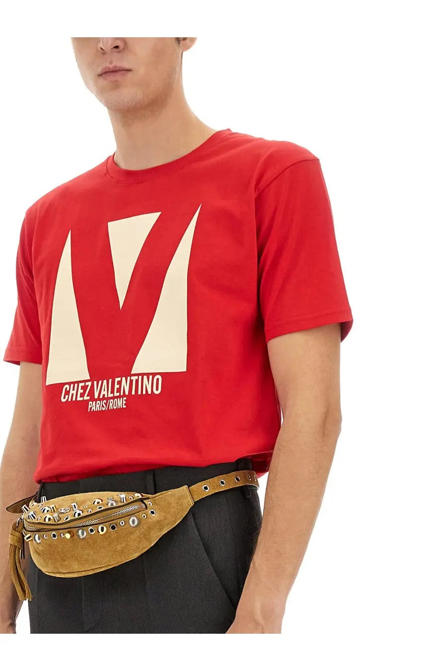 Valentino men’s red cotton t-shirt with cream geometric logo and white text featuring chez valentino design