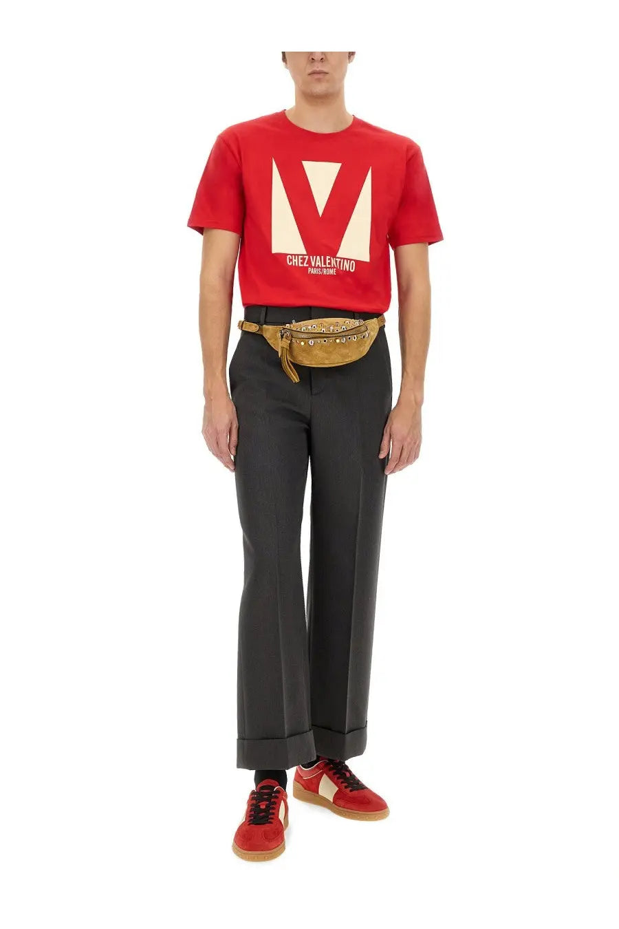 Valentino men’s red cotton t-shirt with cream geometric logo and chez valeriino text printed on the chest