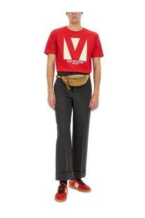 Valentino men’s red cotton t-shirt with cream geometric logo and chez valeriino text printed on the chest
