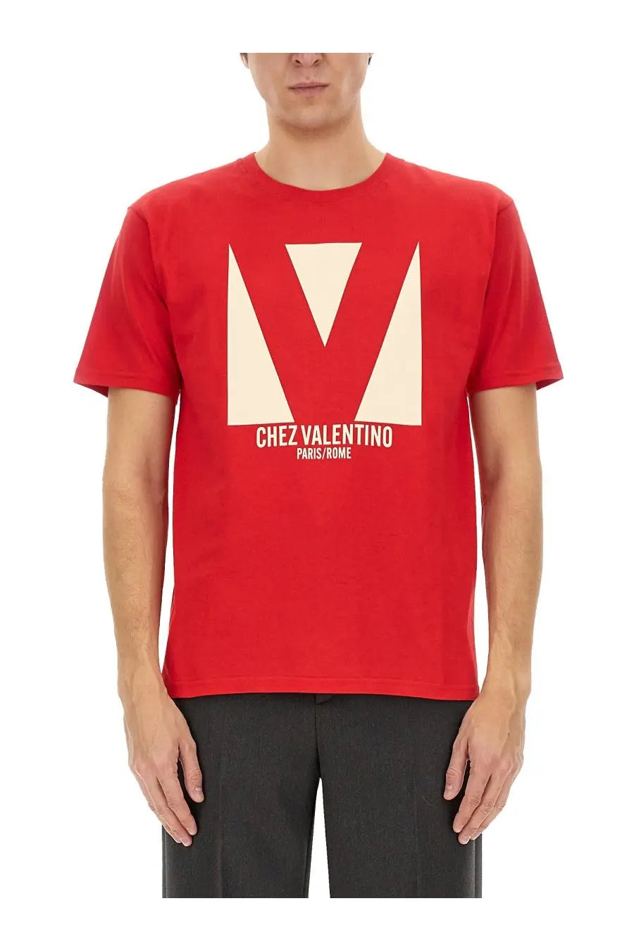 Valentino men’s red cotton t-shirt with bold cream geometric v logo and chez valentino paris rome text below