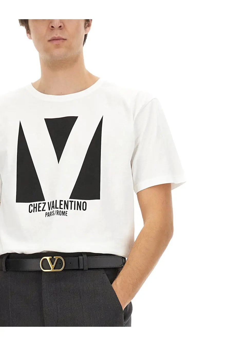 Valentino men’s white cotton t-shirt with bold black geometric v logo and chez valentino paris/rome text below