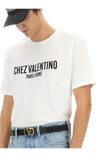 Valentino men’s white cotton t-shirt with bold black chez valentino paris rome lettering across the chest