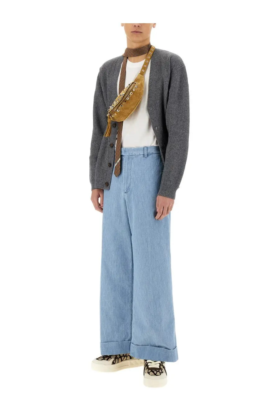 Tan suede crossbody bag with gold-tone studs and brown leather strap featured with valentino men’s denim pants blue