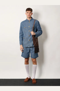 Valentino men’s blue denim sahariana jacket with gold-tone buttons and mandarin collar made of denim material