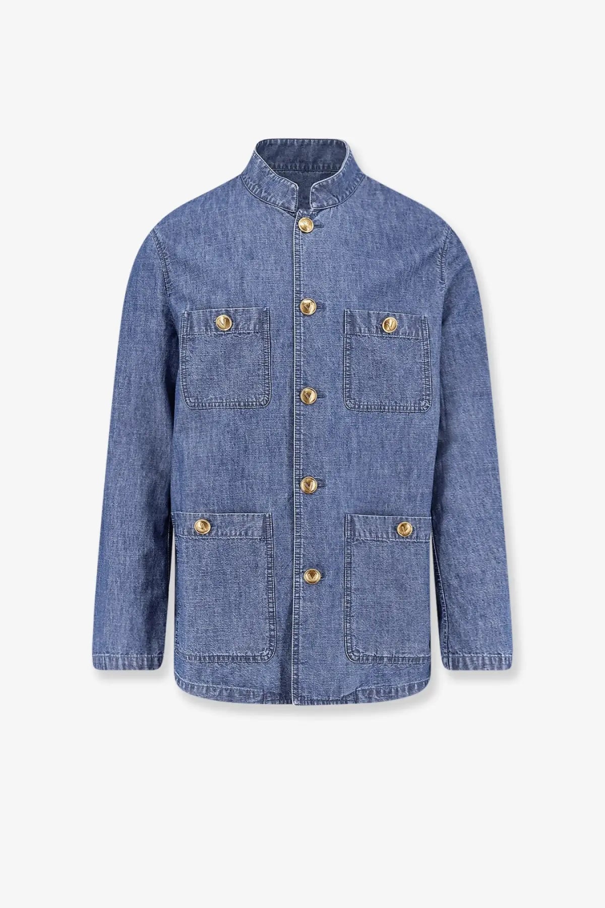 Valentino men’s blue denim sahariana jacket with gold tone buttons and stand up collar in denim material