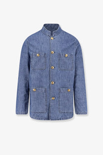 Valentino men’s blue denim sahariana jacket with gold tone buttons and stand up collar in denim material