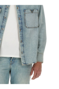 Valentino men’s light-wash denim shirt blue with chest pocket featuring metallic v-shaped logo