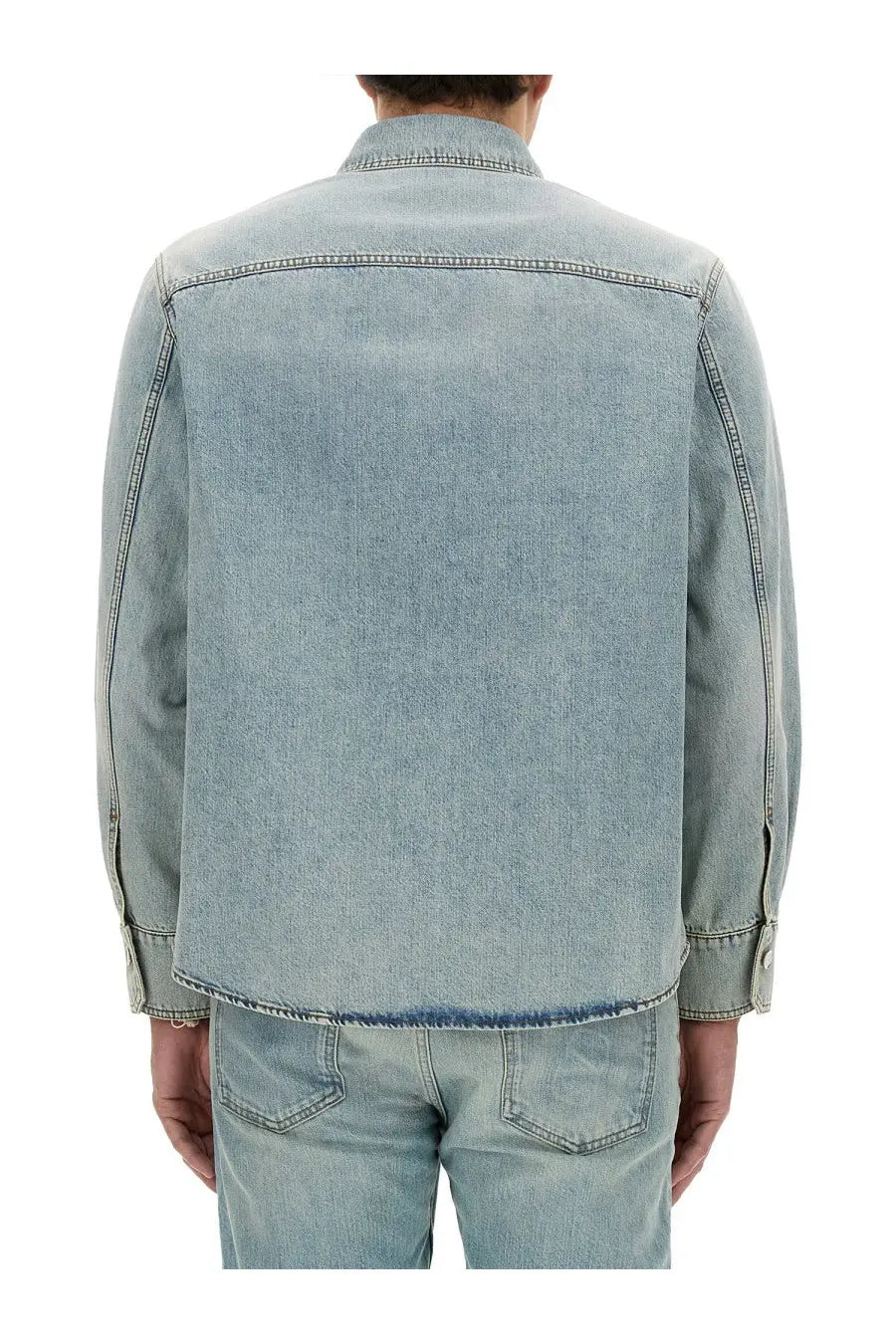 Valentino men’s light-wash denim shirt with classic collar and buttoned cuffs in blue