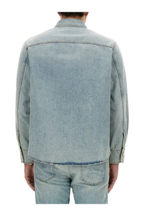 Valentino men’s light-wash denim shirt with classic collar and buttoned cuffs in blue